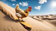 a chicken humorously sandboarding on a desert dune