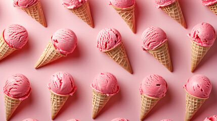 Wall Mural -  assorted ice cream cones  with straberry flavor   on a  pink  pastel background, top view 