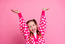Photo Of Funny Pleasant Girl With Tails Dressed Knit Cardigan Hands Up Presenting Offer Empty Space Isolated On Pink Color Background