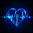 Emergency EKG monitoring with a blue glowing neon heart pulse, capturing the heartbeat through an electrocardiogram.