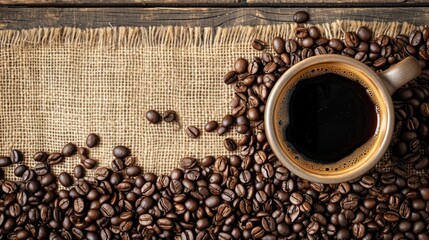 Top view coffee beans with a cup of black coffee on a wooden background