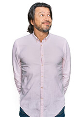 Poster - Middle age handsome man wearing business shirt smiling looking to the side and staring away thinking.