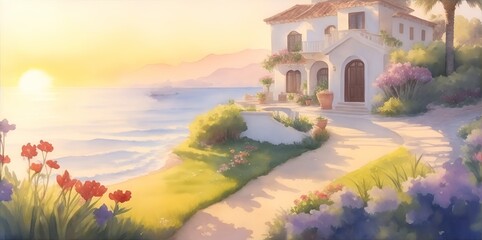 Wall Mural - Mediterranean house landscape paint. AI generated illustration