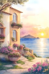 Wall Mural - Mediterranean house landscape paint. AI generated illustration