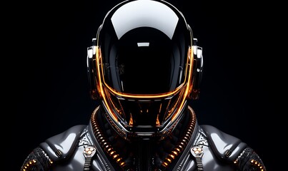 Wall Mural - Futuristic astronaut fashion, symetrical, front view, an astronaut with a metal chrome space suit, epic, cinematic, vibrant, luminous, photography, detail, black background. Generative Ai

