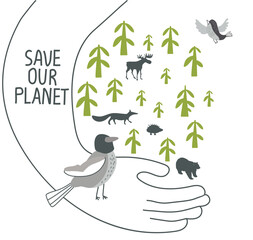 Wall Mural - Vector illustration of Environmentally friendly planet. Cartoon sketch of big hand carefully protects nature and forest animals: bear, elk, fox, hedgehog, birds on the branches. Save our planet Concep