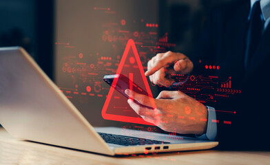 Wall Mural - system hacked warning alert on laptop, smartphone. cyber attack on computer network, virus, spyware,