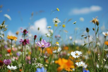 Flower meadow in spring blue sky. Generative AI