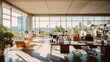 © Miguel - Modern office interior with large windows, panoramic city view.