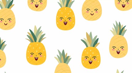 Wall Mural - cute fruit pattern smiling pineapple on white background. generative ai