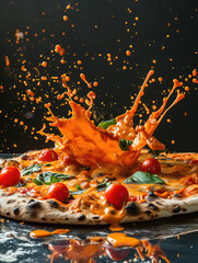 Wall Mural - Dramatic capture of cheese pizza slice with toppings flying mid air explosion
