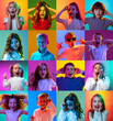 © master1305 - Collage. Portrait of children, little boys and girls, emotional kids smiling, expressing shock and excitement over multicolored background in neon. Concept of childhood, emotions, lifestyle