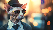 Sphynx Cat Breed Wearing Sunglasses A Hat And A Business Suit In A Busy Street. Bokeh Background. Close Up