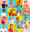 © master1305 - Collage. Emotional little boys and girls, children expressing positive emotions, listening to music, laughing, having fun over multicolored background. Concept of childhood, emotions, lifestyle