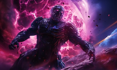 Wall Mural - Synthwave galaxy being eaten by Galactus, HDR, cinematic, ultrawide, realistic, highly detailed. Generative Ai

