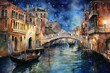 Nighttime watercolor of Venice with canals, gondolas, and bridge. Generative AI