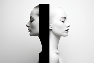 Black and white Art two female face for Bipolar disorder, Mental healthy .