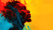 © Jhon - Stylized color background in honor of Black History Month with a portrait of an African man surrounded by abstract illustration in red, yellow, and blue colors with copy space.