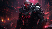 Warrior With Dark Military Dress In Cyberpunk Style, Halloween Motive
