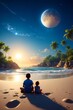  Two children are sitting on the beach staring at a huge full moon, a surreal tropical dreamscape. Two brothers friendship. Generative Ai illustration