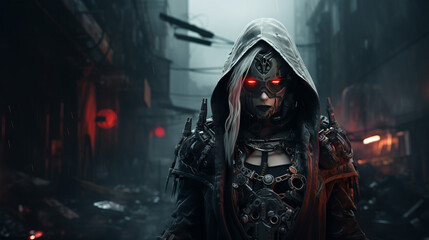 Wall Mural - Woman with dark military dress in cyberpunk style, halloween motive