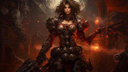 Wall Mural - Woman with dark military dress in steampunk style, halloween motive