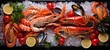 Seafood in a pan: lobsters, mussels, shrimps on ice, decorated with lemon, tomatoes, greens. Photo from above. Horizontal banking for web. Photo AI Generated