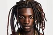studio shot of a young african man with dreads against a white background