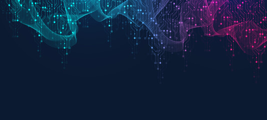 Fototapete - Quantum computer technologies concept. Futuristic blue circuit board background vector. Modern technology circuit board texture background design. Waves flow. Quantum explosion technology.