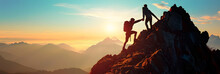 Teamwork Concept With Man Helping Friend Reach The Mountain Top, Illustration