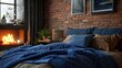 Bed with blue pillow and coverlet near fireplace. Loft interior design of modern bedroom with brick wall 
