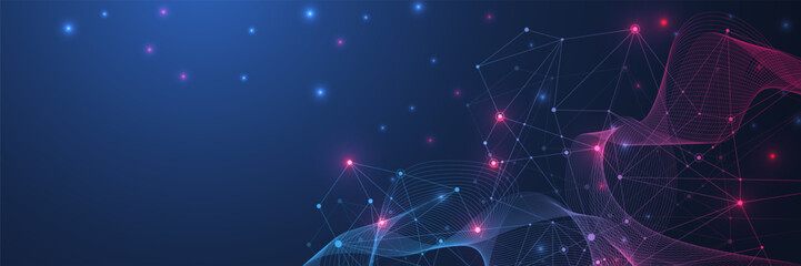 Vector connections of lines and dots. Technology banner template. Graphic abstract background communication. Minimal array with compounds lines and dots. Digital data visualization