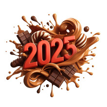 "2025" With Splashes Of Chocolate And Caramel On A Solid White Backdrop In Red Writing
