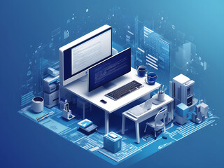 Wall Mural - workspace of a web developer with text code on abstract blue background. isometric design for softwa