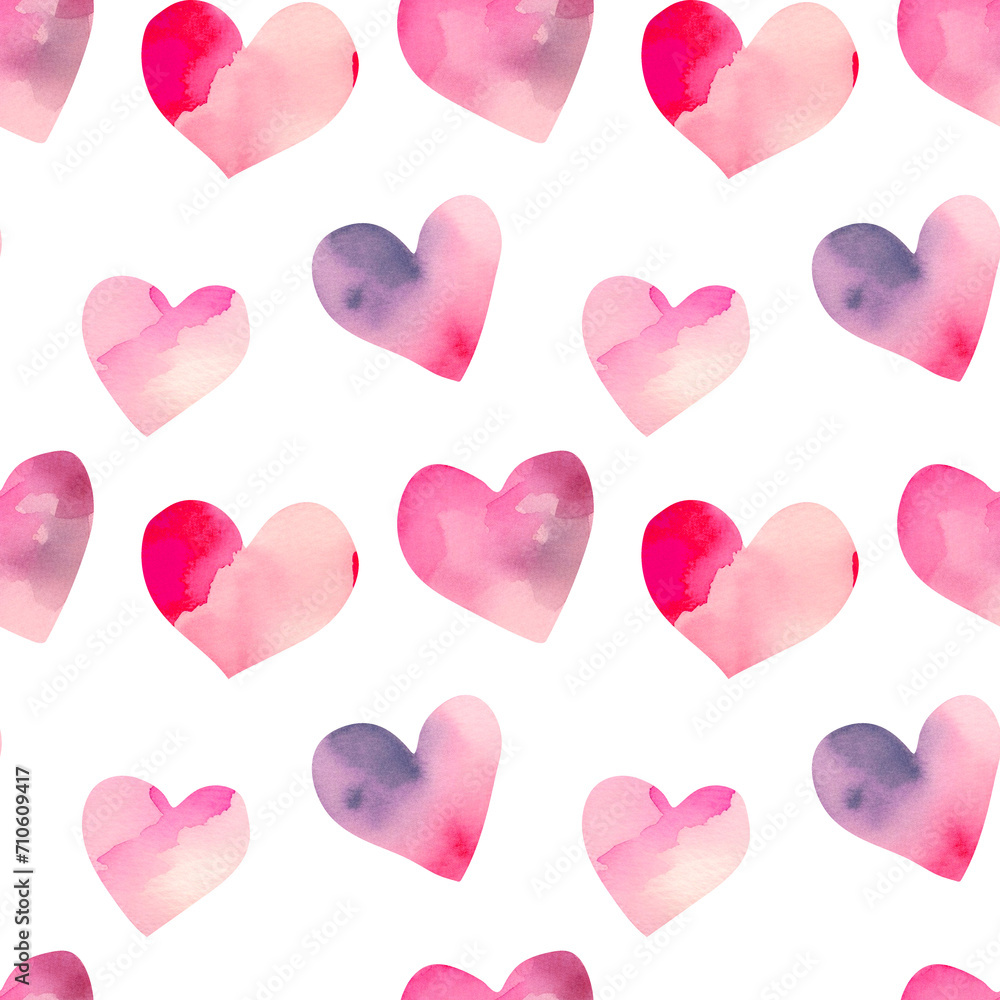 Seamless pattern with watercolor pink hearts with purple and red spots ...