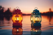Lanterns Over The Water During Sunset. Generative Ai