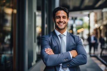 Wall Mural - Photo of a corporate man with a big smile and interlocked arms 