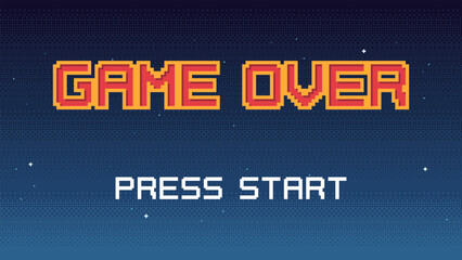 Pixel art Game Over screen with starry sky on background. 8-bit retro video arcade style Game Over backdrop screen with Press Start button.