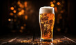 Refreshing cold draft beer in a tall glass with a frothy head, golden bubbles rising, against a warm, dark atmospheric background, inviting a taste