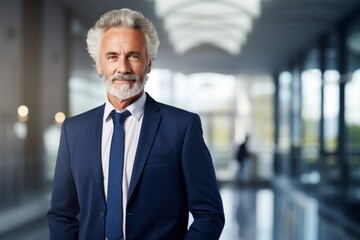 Portray a picture of a senior executive in a dark blue suit. He heads up a leading tech company. Bright white office background 