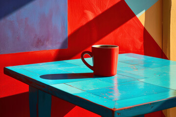 Wall Mural - A cup of coffee on a light teal blue table.