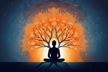 Wall Mural - Transcend into a world of mindfulness through captivating imagery. A person meditates, an abstract tree emerges, leaves symbolizing serene and reflective thoughts.