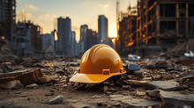 A Yellow Work Helmet With Construction Tools On The Background Of A Construction Object. Profession Builder.