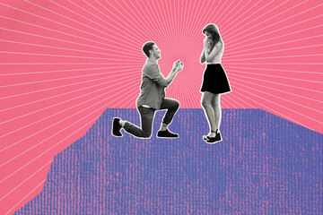 Poster - Collage image of two idyllic black white effect partners guy stand knee hold engagement ring astonished girl isolated on painted pink background