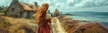 Beautiful Red-haired Woman With Long Hair In A Red Dress On The Seashore Near The Old House