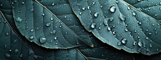 Wall Mural - Generative AI, macro texture of green leaf with water drops, green foliage texture, ecology background	
