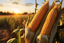 A View Of A Field At Sunset, With Tall Yellow Corn Cobs With Leaves In The Foreground. Corn As A Dish Of Thanksgiving For The Harvest.