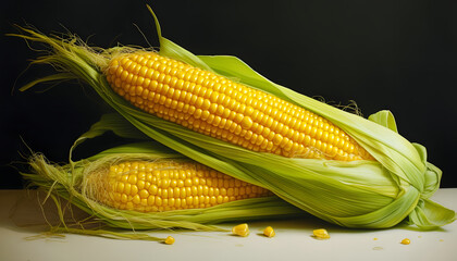 Two yellow corn cobs in green leaf on black background. Corn as a dish of thanksgiving for the harvest.