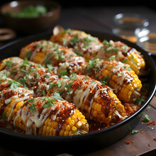 Seasoned Yellow Cobs, Corn With Sauces And Green Spices On A Plate. Corn As A Dish Of Thanksgiving For The Harvest.