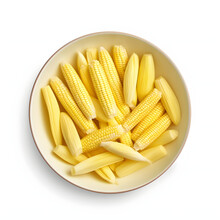 Yellow Corn Cobs And Those Still Unripe In A Bowl, Top View. Corn As A Dish Of Thanksgiving For The Harvest, Picture On A White Isolated Background.